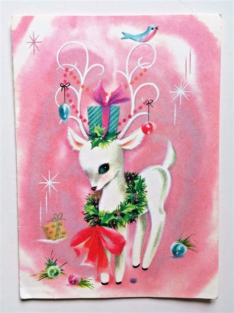 Vintage Christmas Card Pink Deer Mid Century Doe Sunshine Holiday