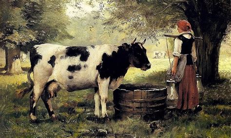 The Milk Maid Rural Maiden Outdoors Water Well Painting Cows