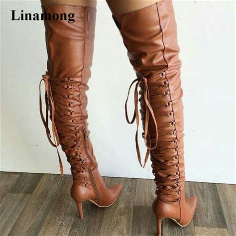 Women Sexy Pointed Toe Back Lace Up Over Knee Gladiator Boots Slim Style Long High Heel Boots