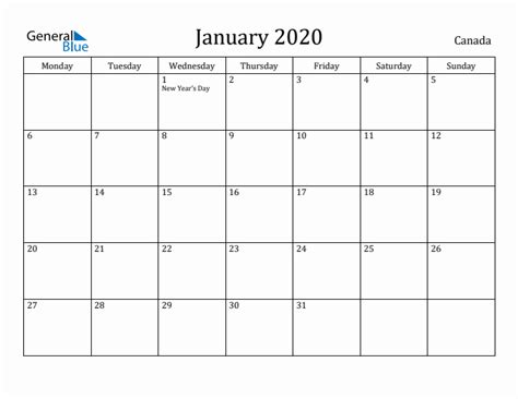 January 2020 Monthly Calendar With Canada Holidays