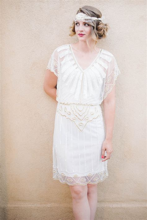 Angel Sleeve 1920s Gatsby Inspired White Wedding Dress Flapper