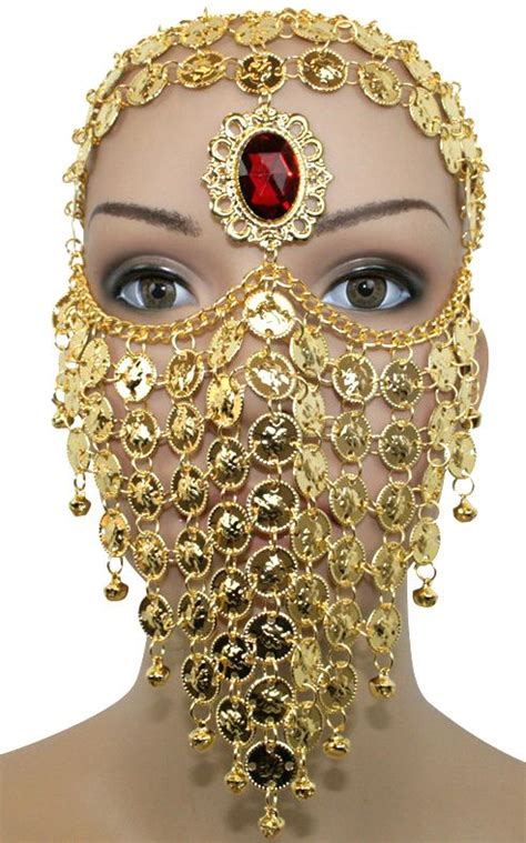 Bedouin Style Gold Coin Face Veil With Gem Face Jewellery Belly Dancer