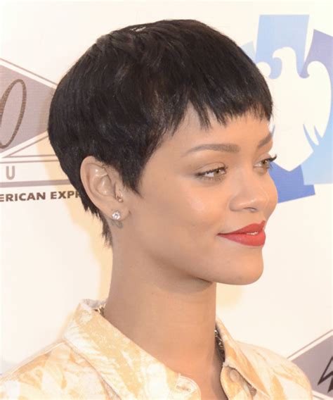 Rihanna Short Straight Casual Pixie Hairstyle With Layered Bangs Dark