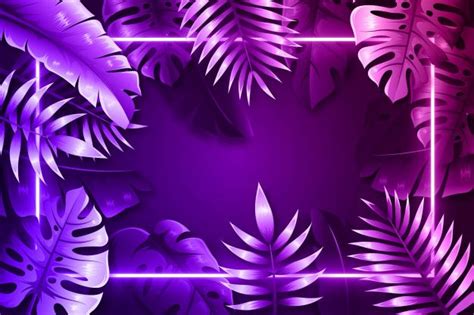 Purple Realistic Leaves With Neon Frame Flower Background Design