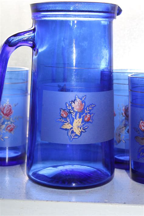 Mid Century Cobalt Blue Glass Pitcher And 6 Tumbler Set 1950s