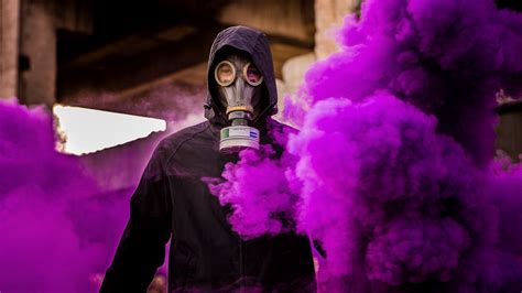 Download Wallpaper 1920x1080 Man Gas Mask Smoke Purple