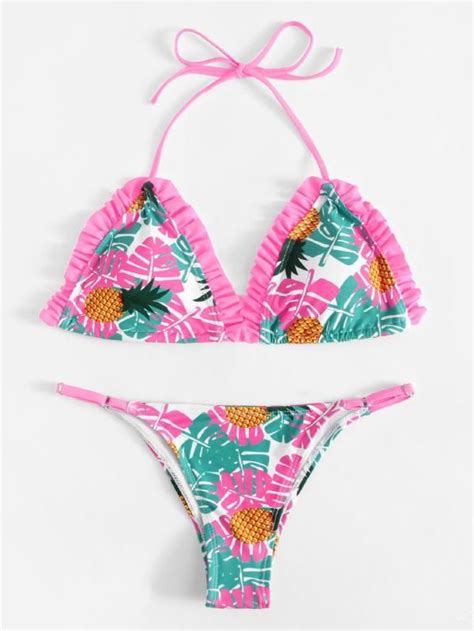 Tropical Print Ruffle Bikini Set Shein Sheinside Bikinis Bikini My