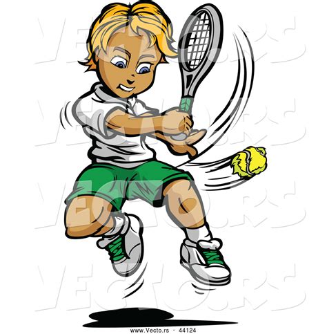 Vector Of A Competitive Cartoon Tennis Player Swinging At A Ball By