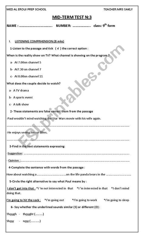 Mid Term Test N°3 9th Form Esl Worksheet By Nadhira