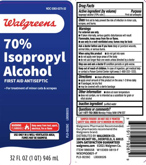 Isopropyl Alcohol 70 Percent Walgreens Fda Package Insert