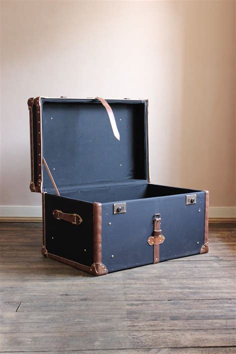 Distressed black large wooden storage trunk coffee table. Bespoke Black Millerain and leather Trunk / Coffee Table ...