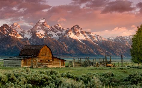 Photos Usa Wyoming Barn Teton Nature Mountains Scenery Sunrises And