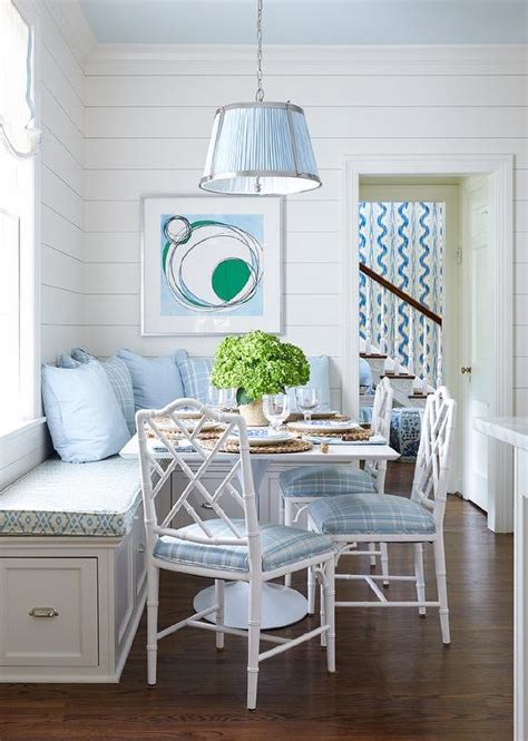 White And Blue Breakfast Room With White Bamboo Chairs Transitional