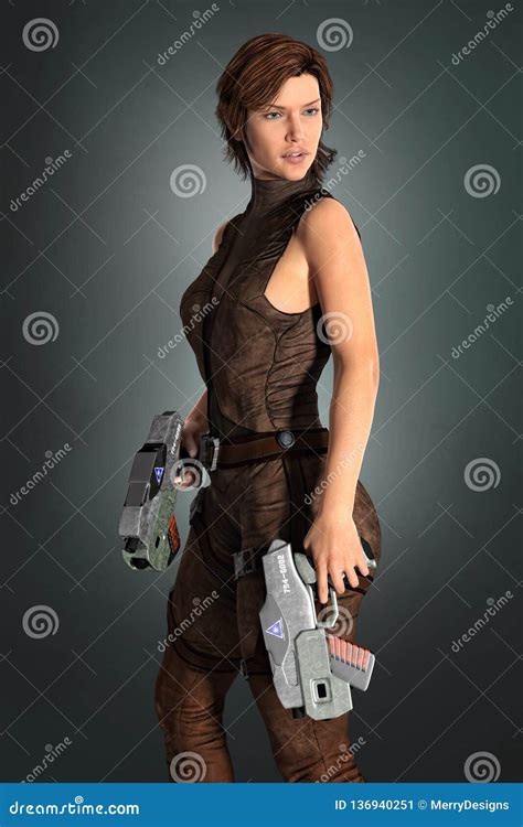 Beautiful Woman With Two Sci Fi Guns Stock Illustration Illustration