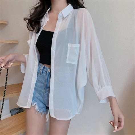 Long Sleeve White Transparent Sexy Shirt Tomscloth Korean Casual