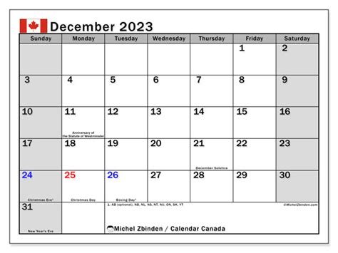 Kalendarz Grudzień 2023 Kanada En Michel Zbinden Pl