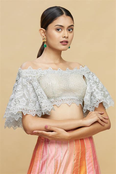 Buy Pallavi Jaikishan White Net Embroidered Off Shoulder Saree Blouse