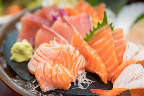 Sashimi Set With Different Fresh Fish Sliced On Plate Stock Image