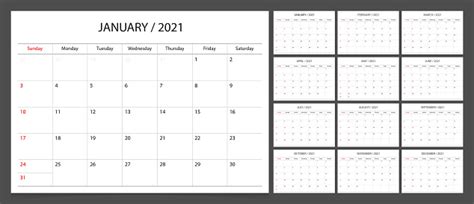Calendar Planner 2021 Design Template Week Start Sunday Stock