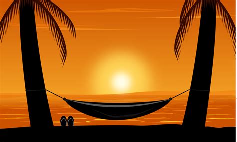 Silhouette Of Palm Tree And Hammock On Beach Under Sunset Sky
