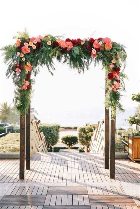 Burgundy And Pink Floral Arch With Garden Roses Oak And