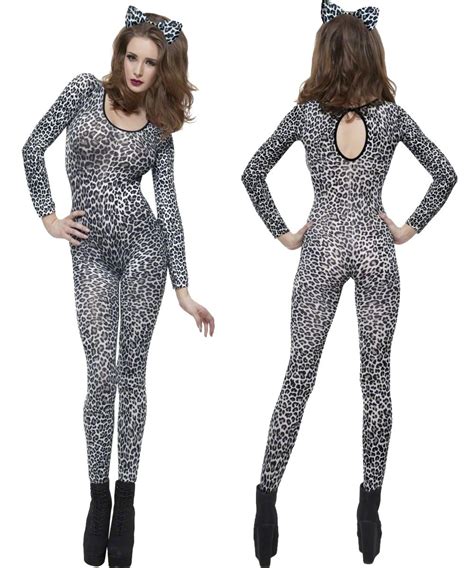 Ladies Fever Bodysuits Adult Fancy Dress Womens Animal Print Catsuit