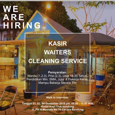 Lowongan pekerjaan sebagai cleaning service di rs khusus ginjal rasyida dengan kriteria sebagai berikut. Lowongan Kerja Kopi Truk Bandung (Kasir, Waiters, Cleaning ...