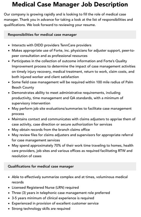 Medical Case Manager Job Description Velvet Jobs