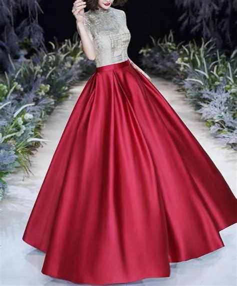 Red Full Pleated Maxi Taffeta Skirt Lady Taffeta Maxi Party Prom Skirt