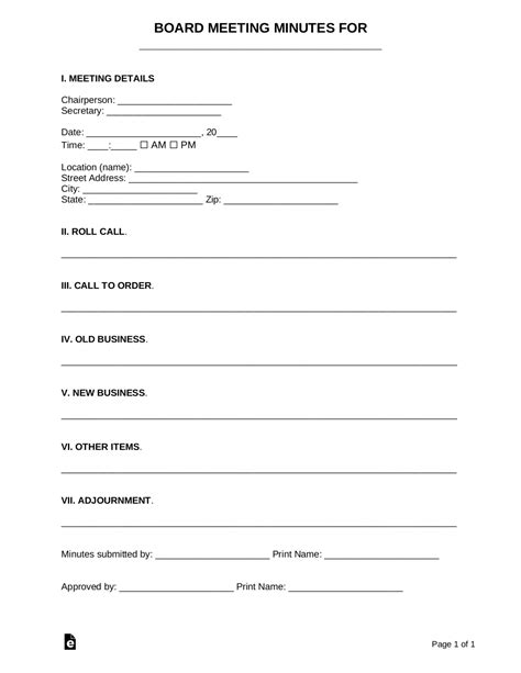 Free Board Meeting Minutes Template Sample Pdf Word Eforms