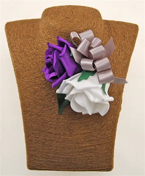 purple and white foam rose wedding day mothers pin corsage budget wedding flowers
