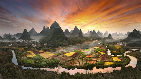 Village Zhouzhai China Photo Landscape Sunset Flaming Sky Desktop Hd Wallpapers For Mobile