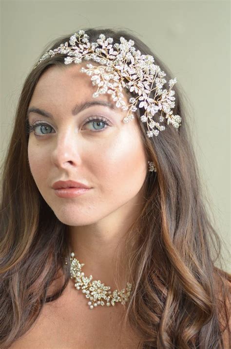 Rose Gold Crystal Sprig Side Accent Bridal Headband Wedding Hair