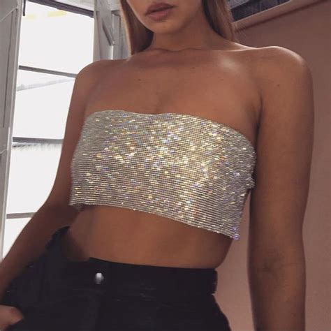 Sequined Crystal Diamonds Boob Tube Top Sexy Women Party Club Accessories Female Metal Summer