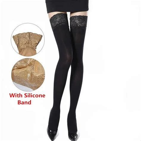women black lace floral top stay up silicone over knee thigh high stockings sexy nylon hosiery