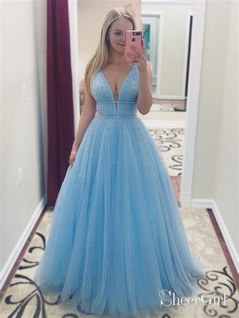 Sky Blue Beaded Long Prom Dresses Pearls Tulle Cute Prom