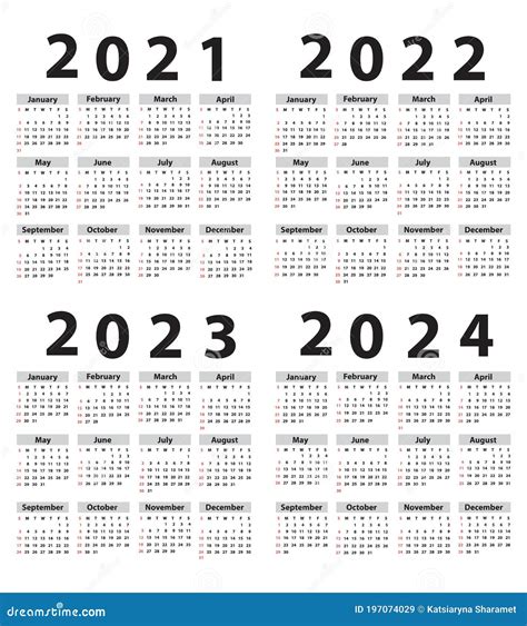 Calendario 2021 2022 2023 2024 A Partire Da Domenica Vettore