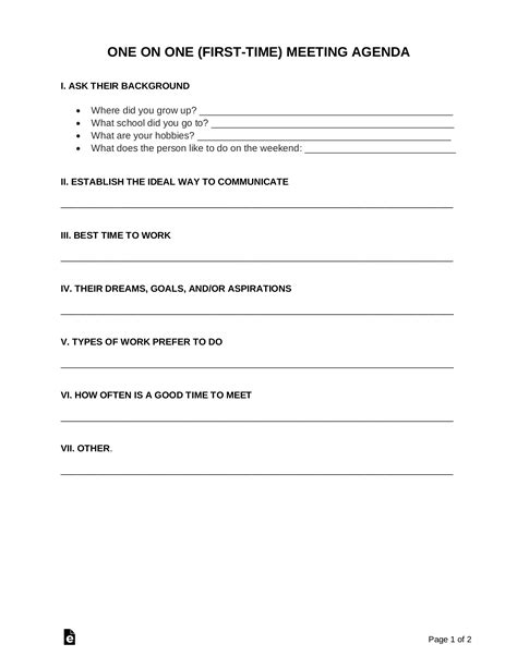 One On One Meeting Agenda Template Sample Eforms