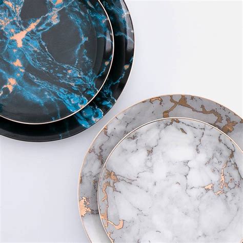 Luxury Gold Inlay Marble Grain Ceramic Plate Unique Dinner Set Dish