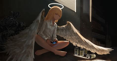 Angel Barefoot Blonde Hair Blue Eyes Book Dark Drink Feathers Game Console Guitar Halo