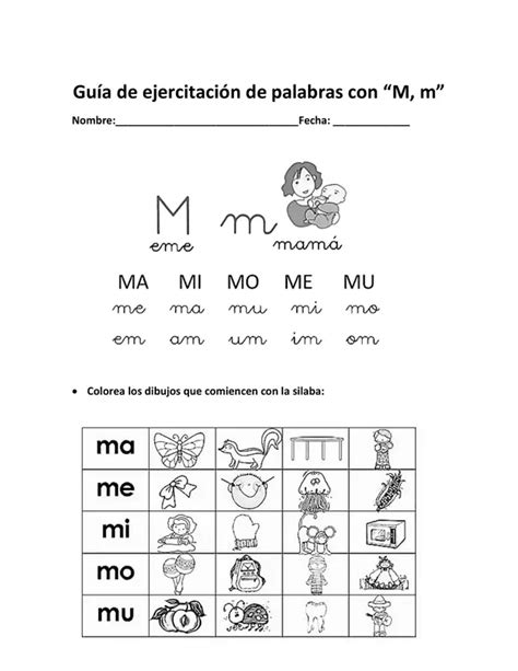 Guía de ejercitación de palabras con M m PRIMERO BASICO LENGUAJE
