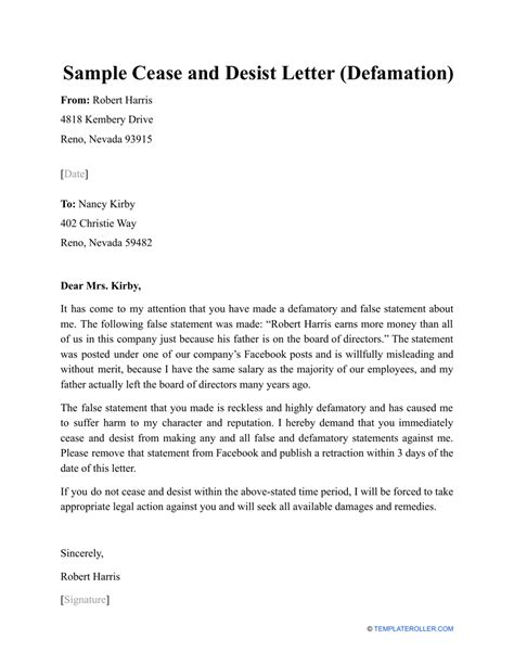 sample cease and desist letter defamation download printable pdf templateroller