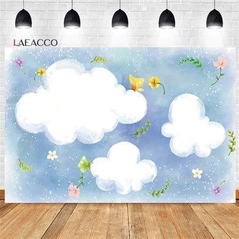Laeacco Deamy Blue Sky And White Clouds Flowers Baby Shower Backdrop