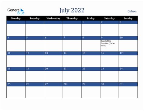 July 2022 Gabon Monthly Calendar With Holidays