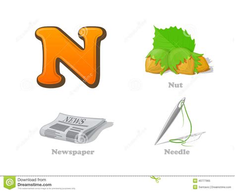 Abc Letter N Funny Kid Icons Set Nut Newsletter Needle Stock Vector