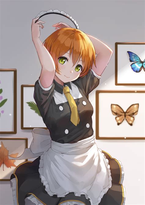 Safebooru 1girl Absurdres Alternate Costume Apron Arms Up Autumn Leaves Blush Bug Butterfly