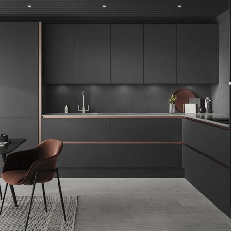 Hockley Super Matt Charcoal Handleless Kitchen With Brushed Copper