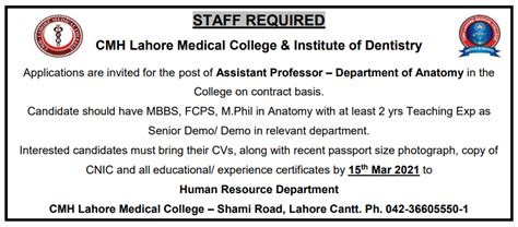 Cmh Lahore Medical College Faculty Jobs March