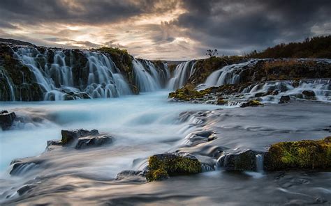 Waterfalls Sunset Evening Mountain River Iceland Hd Wallpaper Peakpx
