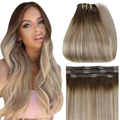 Full Shine Ombre Hair Extensions Clip In Human Hair Dark Brown Roots Ash Brown Mix
